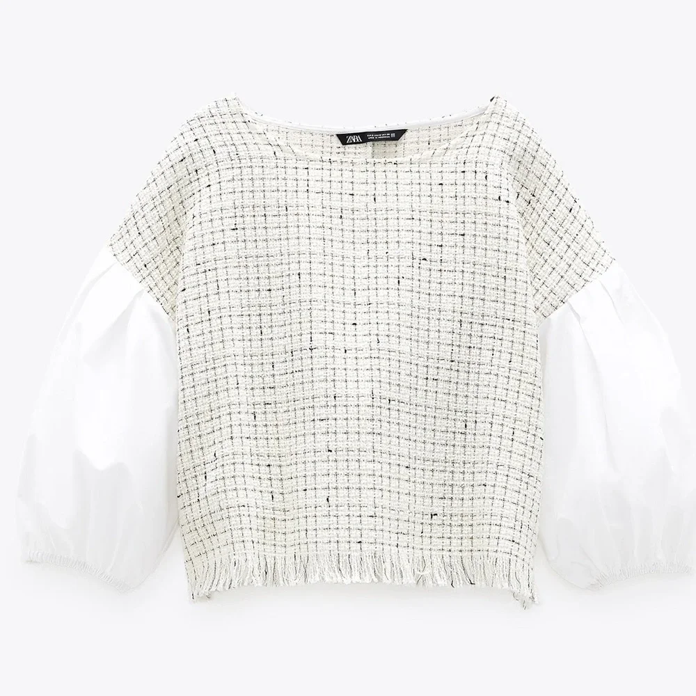 Zara Contrast Textured Tweed and Poplin Top. Size XS